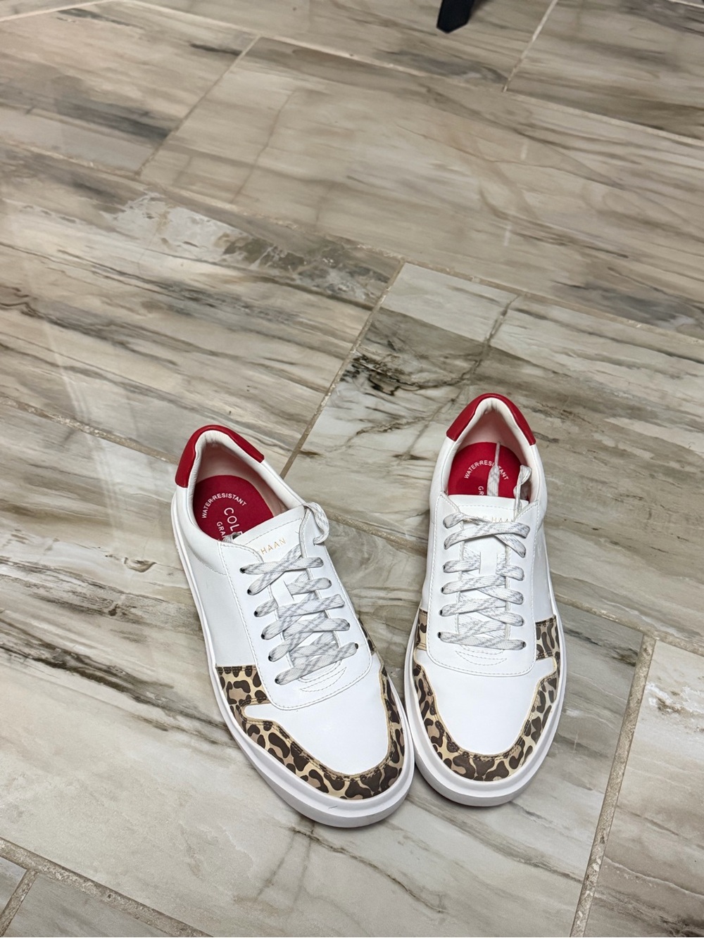 Cole Haan White Leather Sneakers with Leopard Trim and Red Heel